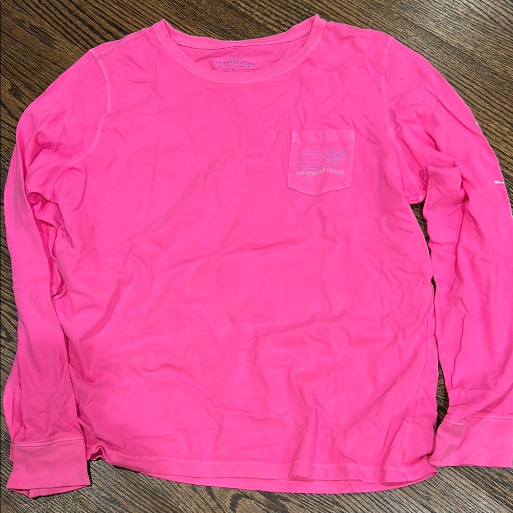 Vineyard Vines Women's Bright Pink Pocket Crew Neck Long Sleeve Tee Large